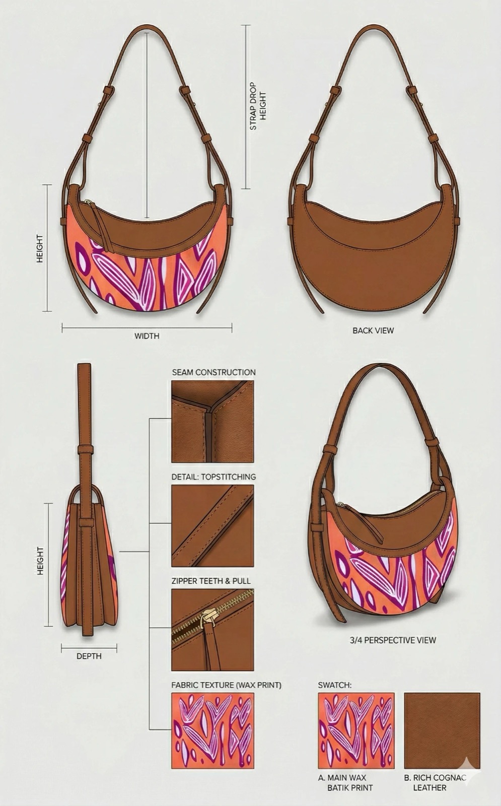 Tech pack for a crescent shoulder bag in wax print and cognac leather