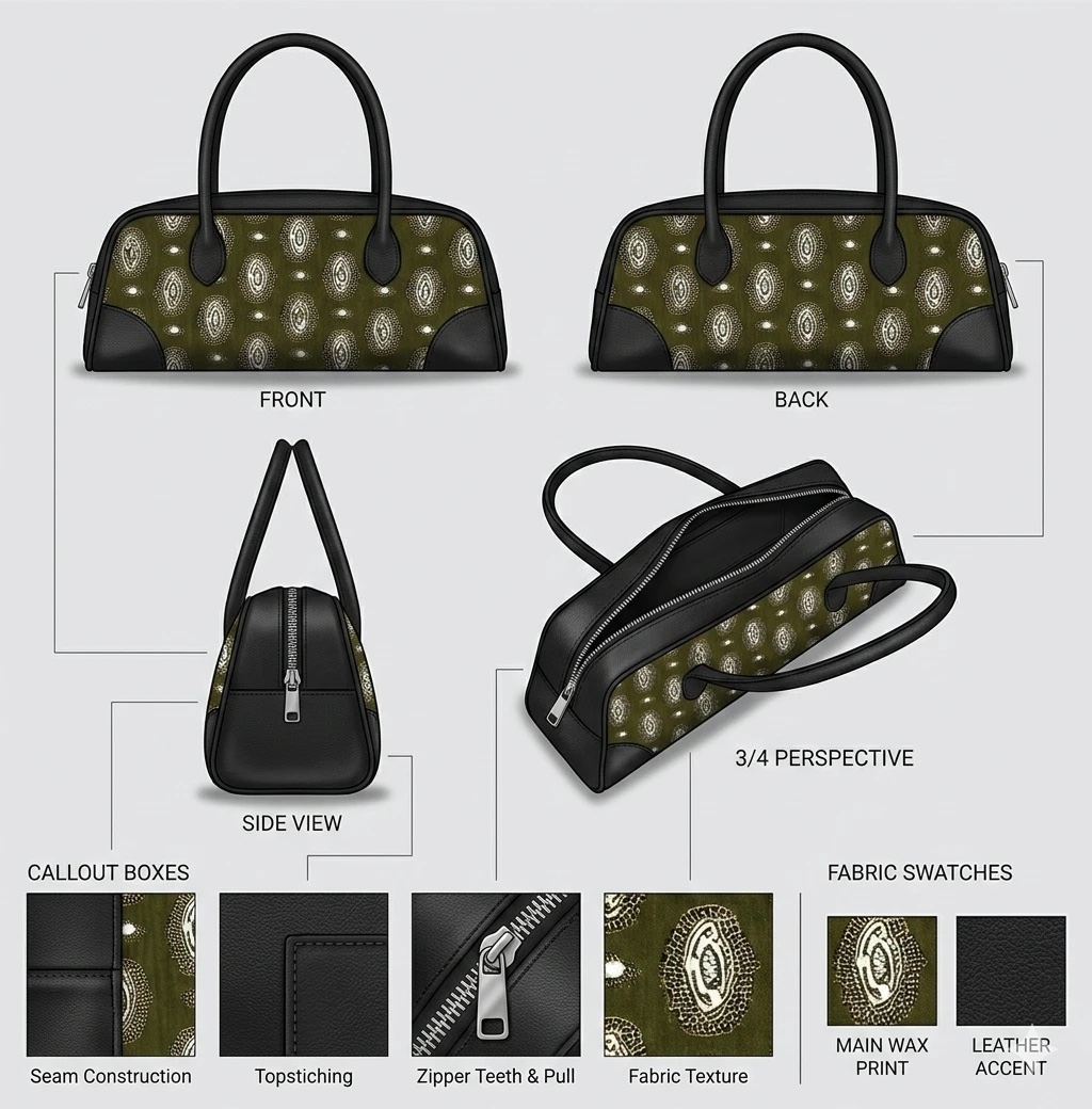 Tech pack for a bowling bag in olive wax print and black leather