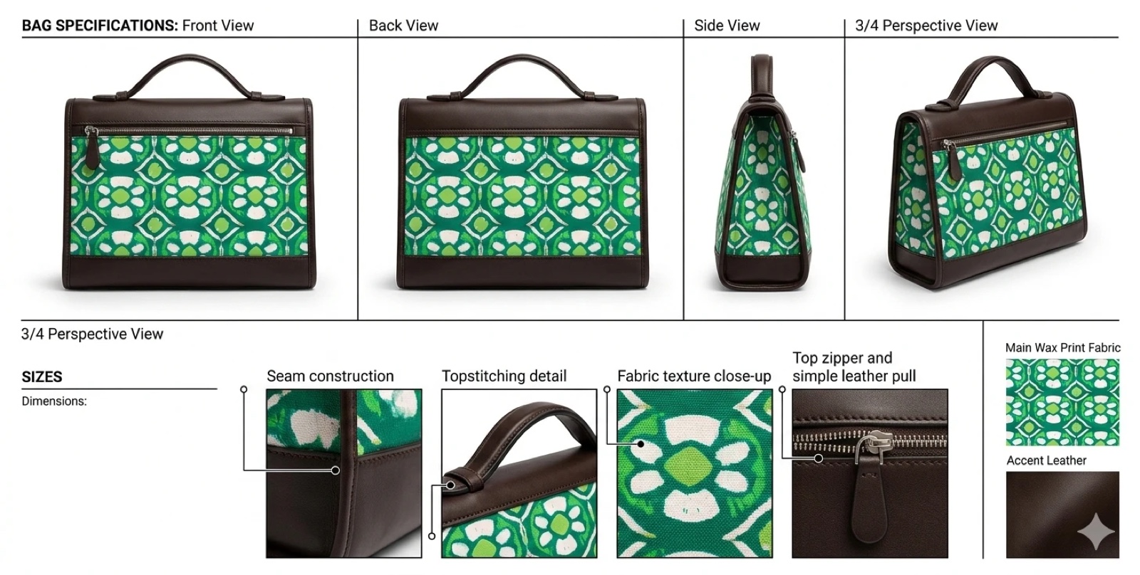 Tech pack for a top-handle bag in green wax print and dark brown leather