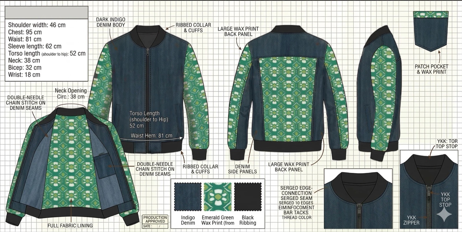 Tech pack for a denim bomber jacket with wax print sleeves and back panel