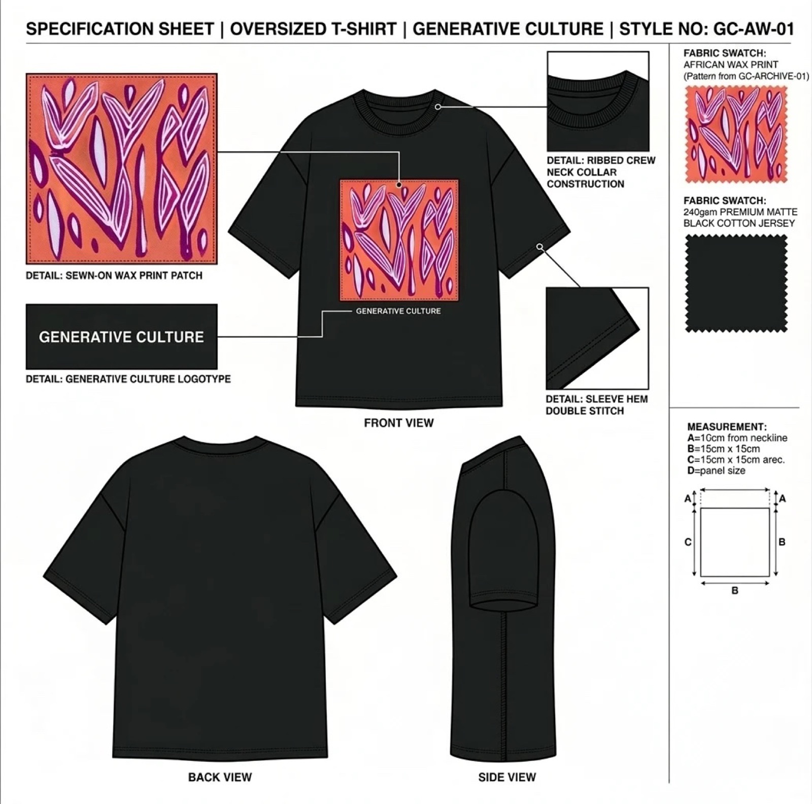 Specification sheet for an oversized black t-shirt with a wax print patch